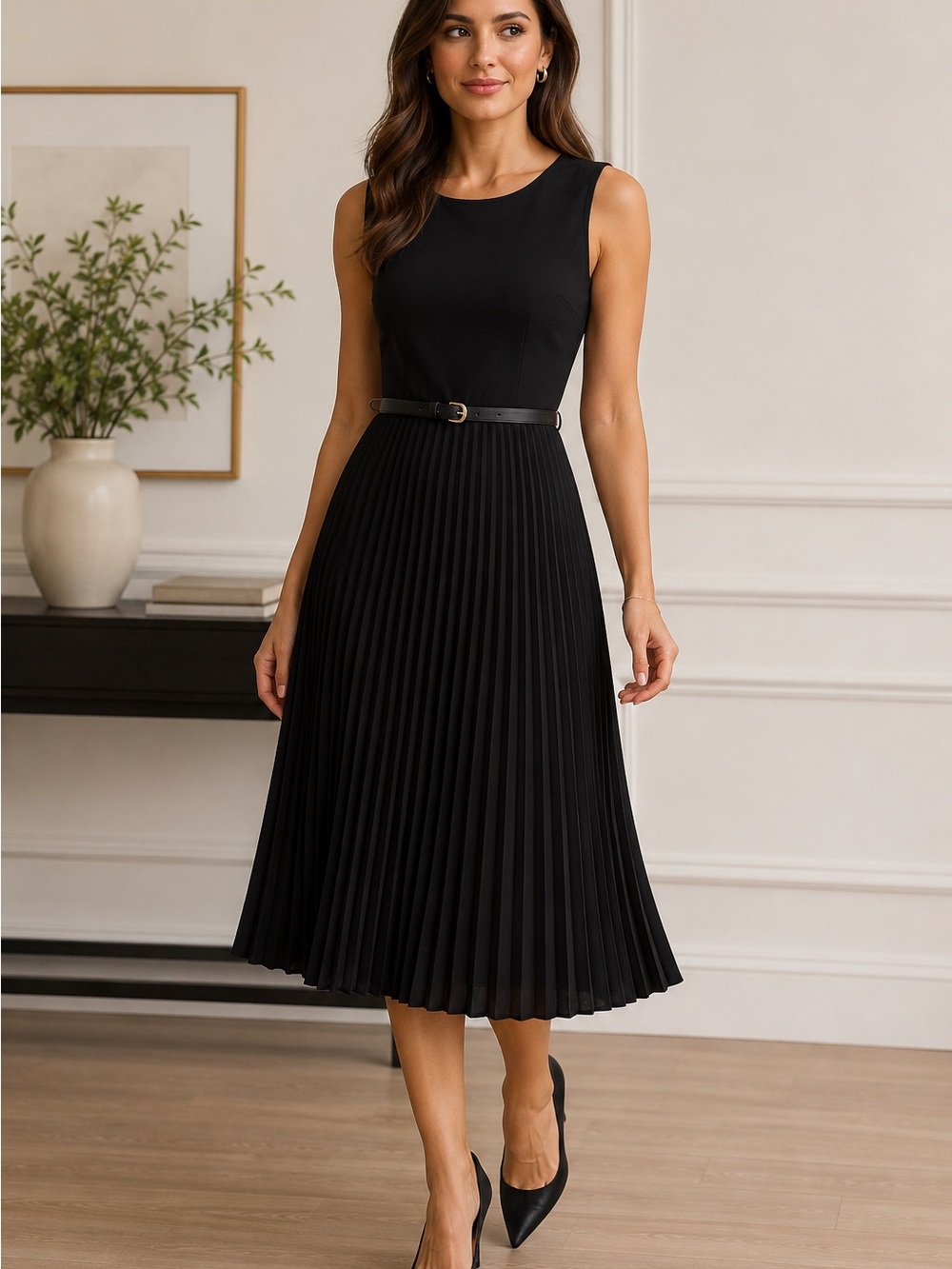 Sleeveless Black Pleated Midi Dress with Belt
